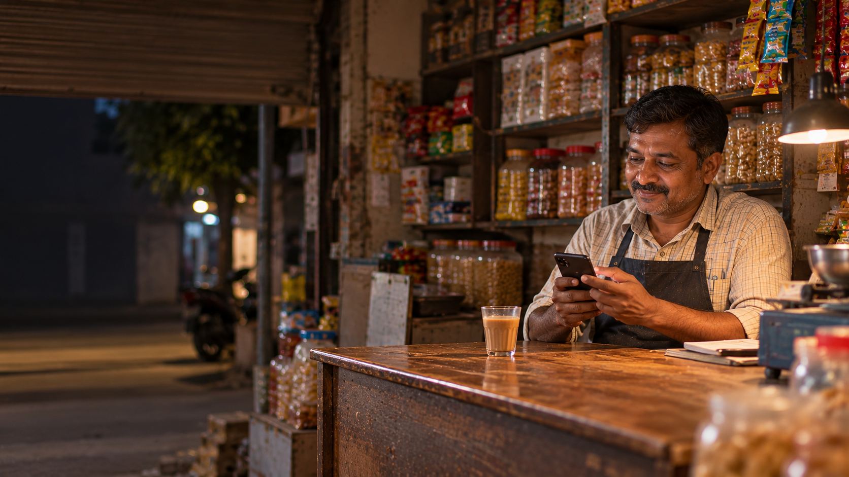 A grocery shop owner at his counter after dark with a glass of chai