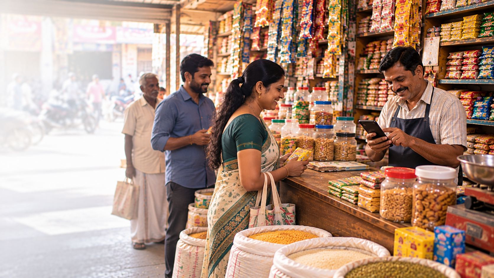 A smiling shop owner enters a sale on his phone while customers wait their turn at his grocery counter