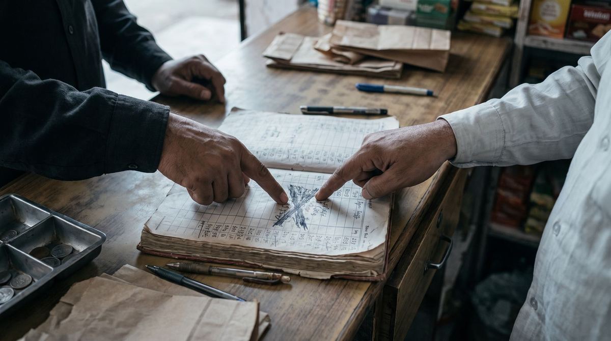A customer and a shopkeeper pointing at different entries in a khata book