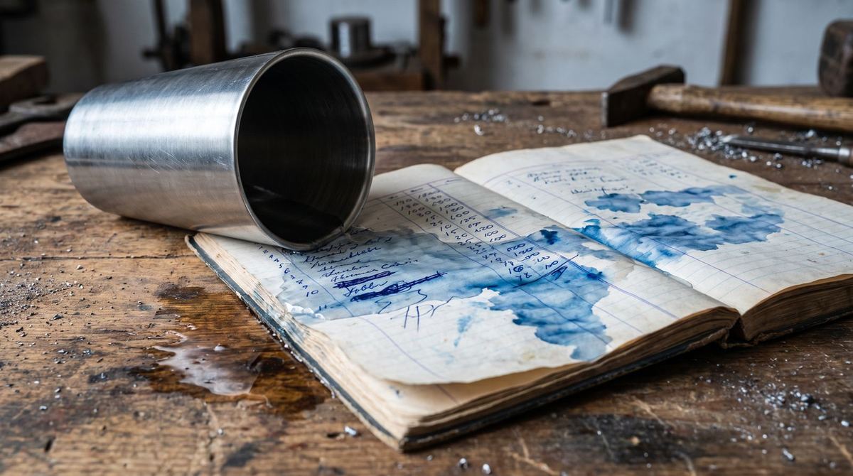 A tumbler of water spilled across an open khata book